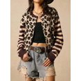 thumbnail image 5 of Women's Leopard Print Striped Patchwork Button Front Cropped Knit Cardigan Dark Brown M, 5 of 10