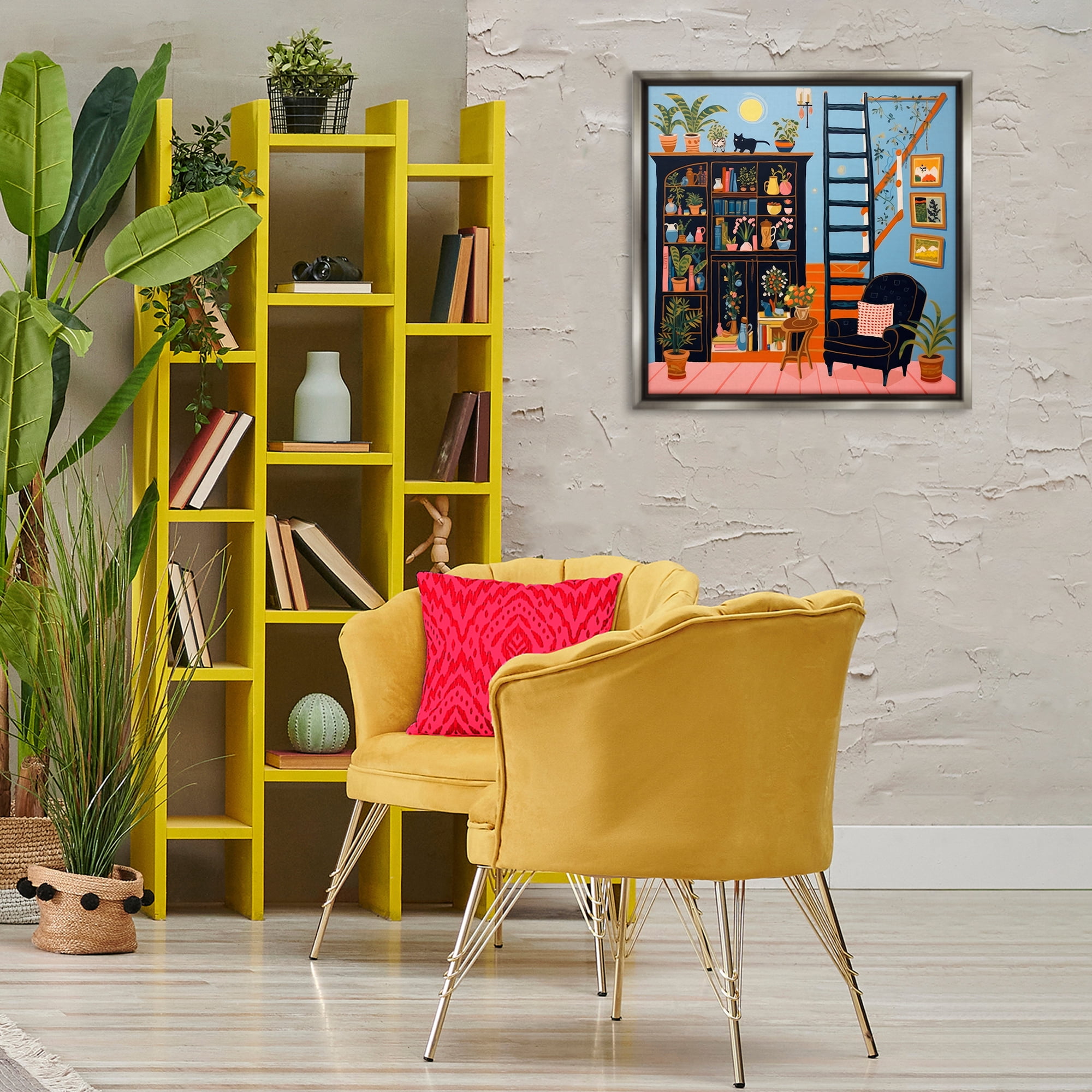 Stupell Industries Eclectic Fun Bookshelf Furniture Painting Gray Floater Framed Canvas Art Print Wall Art, 25 x 25