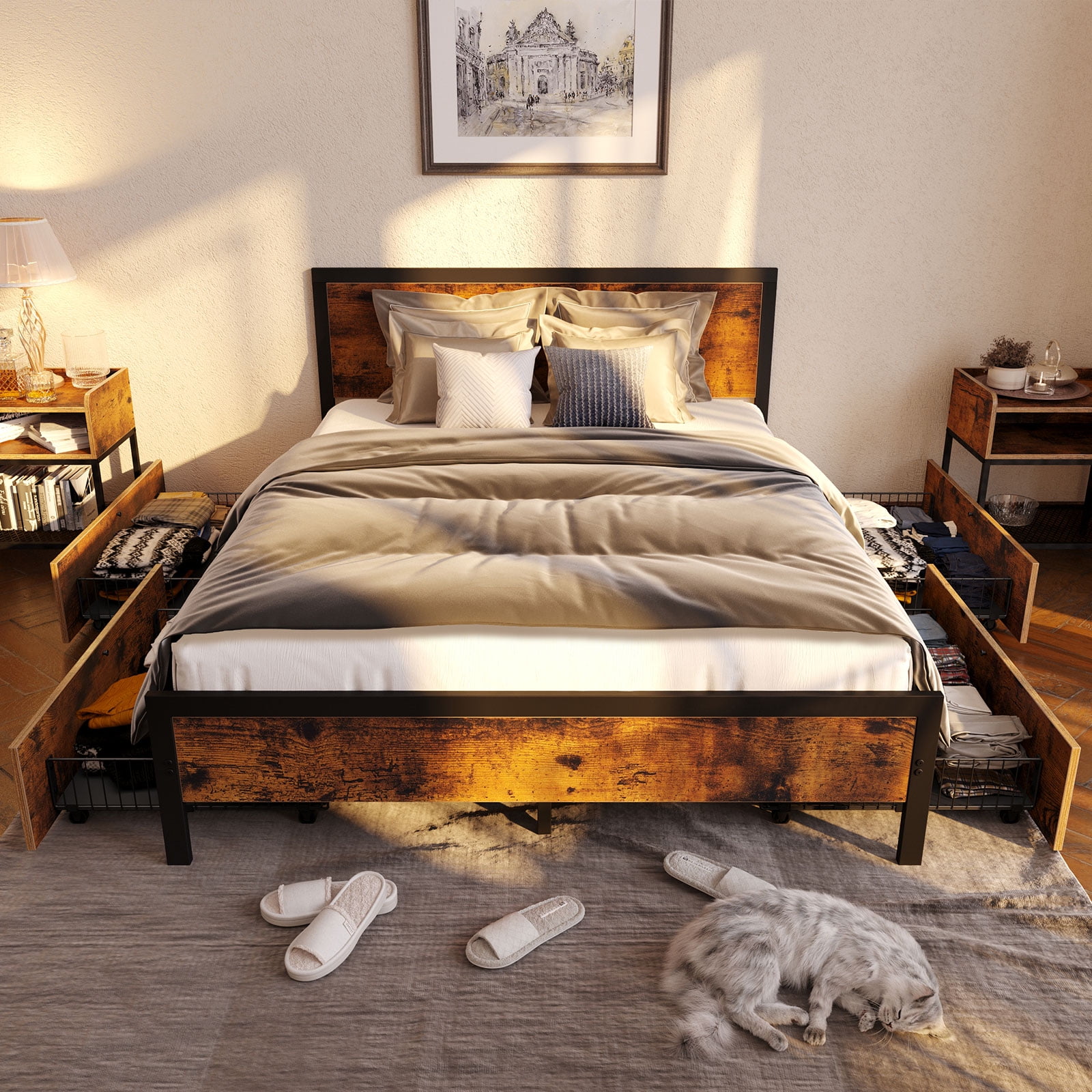 Rolanstar Metal Bed Frame with Headboard and 4 Storage Drawers,Full