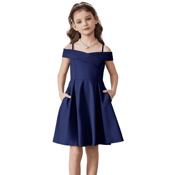 Oudiya Girls Off Shoulder Dresses Fold Pleated Party Elegant A-Line Formal Dresses with Pocket, 6-14Y