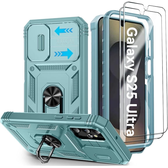 for Samsung Galaxy S25 Ultra 5G Case,Samsung S 25 Ultra Phone Case with Camera Cover & Magnetic Kickstand [2 Screen Protector],Military Shockproof Case for Galaxy S25 Ultra 2025,Green