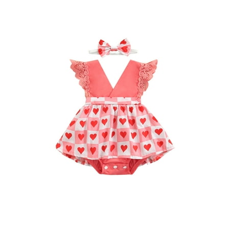 

GXFC Valentines Baby Girls Two-piece Clothes Set Heart Printed Pattern Sleeveless Deep V-neck Romper and Headdress Pink/ Red