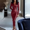 thumbnail image 2 of Women Satin Long Sleeve Dress - Tie Waist V Neck Silk Elegant Formal Cocktail Wedding Guest Bodycon Midi Dresses, 2 of 7