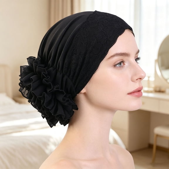 LIZUOJUN Under $3 Head Covering Wrap Elegant Lace Front Ruffle Side Flower Turban For Women Elastic Hijab Undercap Cover Chemo Head Wrap Daily Prayer Headscarf Multiple Colors, Black,One Size