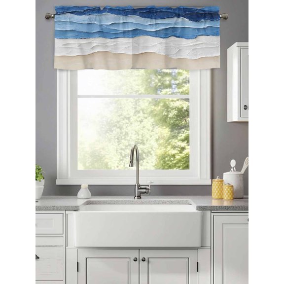 Watercolor Coastal Blue White Ocean Water Valances for Windows,Rod Pocket Valance for Kitchen Bedroom Bathroom Living Room, Abstract Beach Window Valance Curtain Farmhouse Short Curtains 42x12in