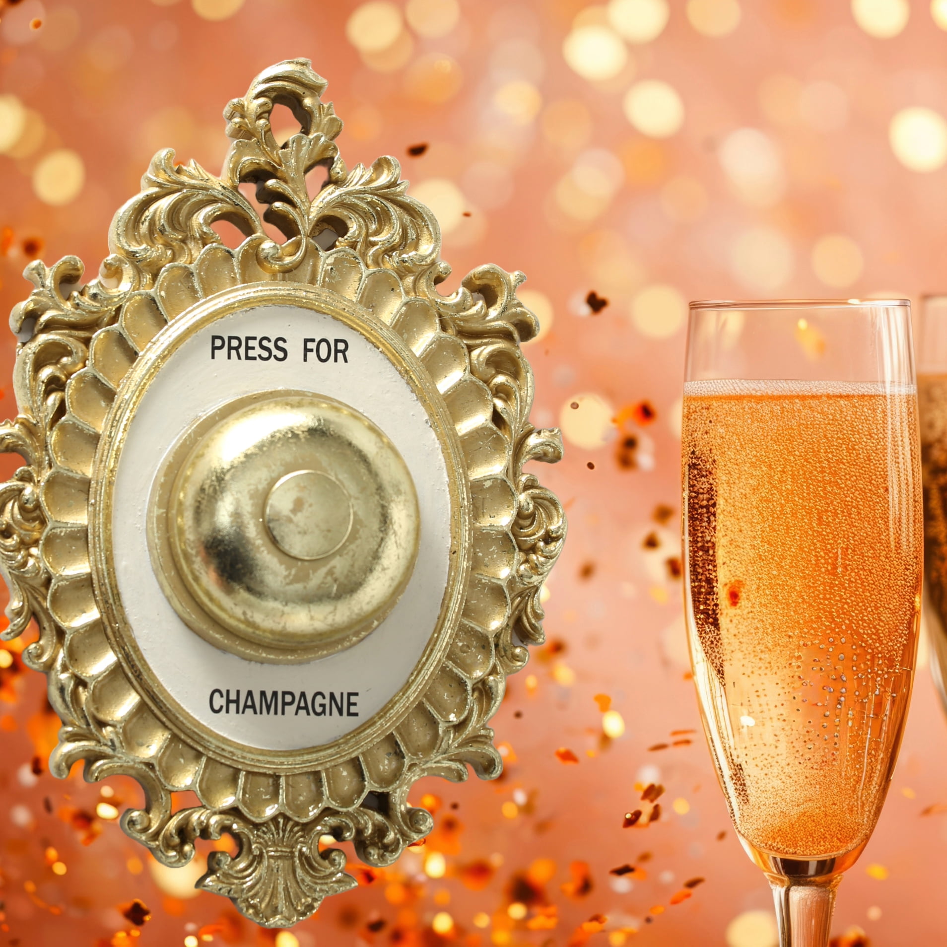WHW Decorative Door Bell, Champagne Theme, Ornamental Plaque, 9 Tall x 5.5 Inches Wide, Metallic Gold and White, 1 Count