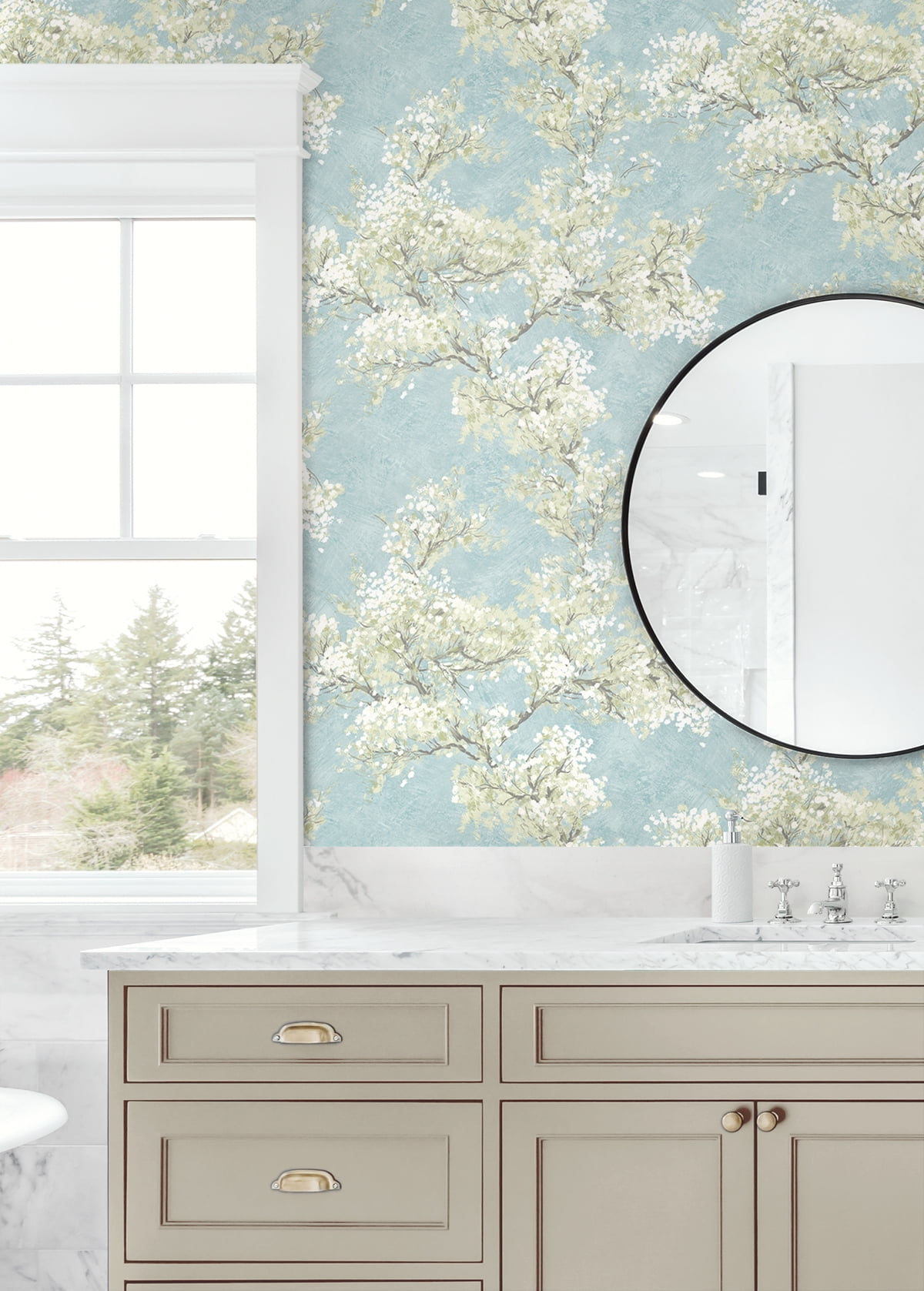 NextWall  Cherry Blossom Grove and Stick Wallpaper 20.5 in. W x 18 ft. L - Blue Mist & Green Tea