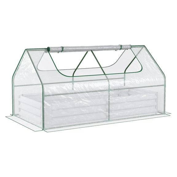 Raised Garden Bed with Greenhouse, 6x3ft Galvanized Metal Planter Box, Outdoor Plant Growing Kit with Roll-Up Windows, Light Gray