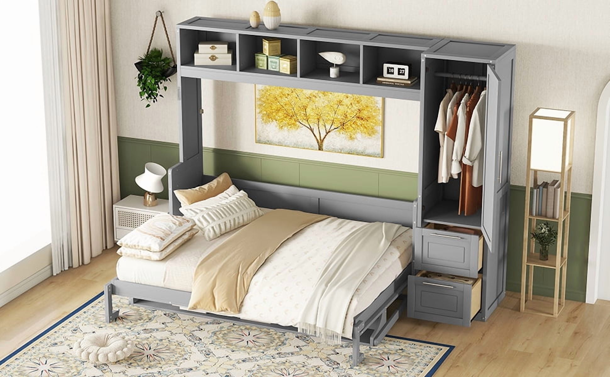 Mintazer Queen Size Murphy Bed with Top Shelf & Wardrobe, Modern Foldable Wall Bed with Drawers for Bedroom Apartment Guest Room, Gray