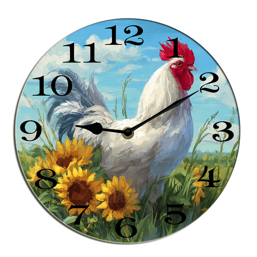 Kurmntregon Cute Rooster Wall Clock Chicken Kitchen Wooden Silent Non Ticking Battery Operated Rustic Farmhouse Kitchen Clocks Decorative For Living Room Bedroom Office Round 10"