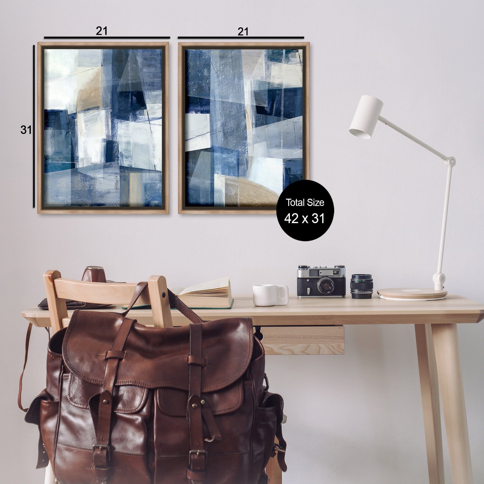 Stupell Industries Blue & Neutral Geometrics Abstract Painting Brown Floater Framed Canvas Art Print Wall Art, 21 x 31, Set of 2