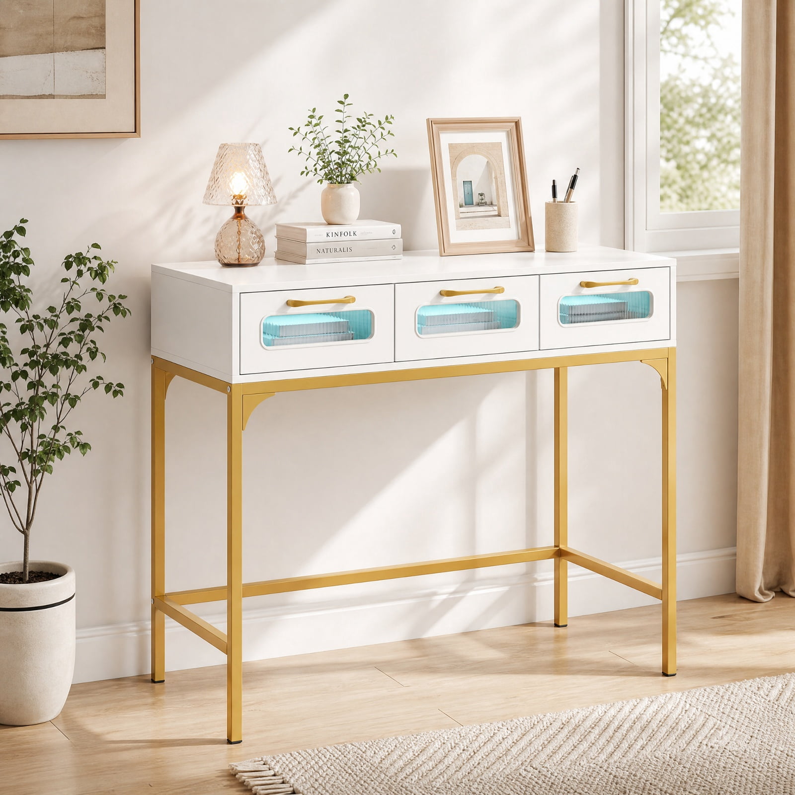 Furnibear Console Table with LED Lighting and Charging Station Entryway Table with Drawers for Living Room Hallway Sofa, White