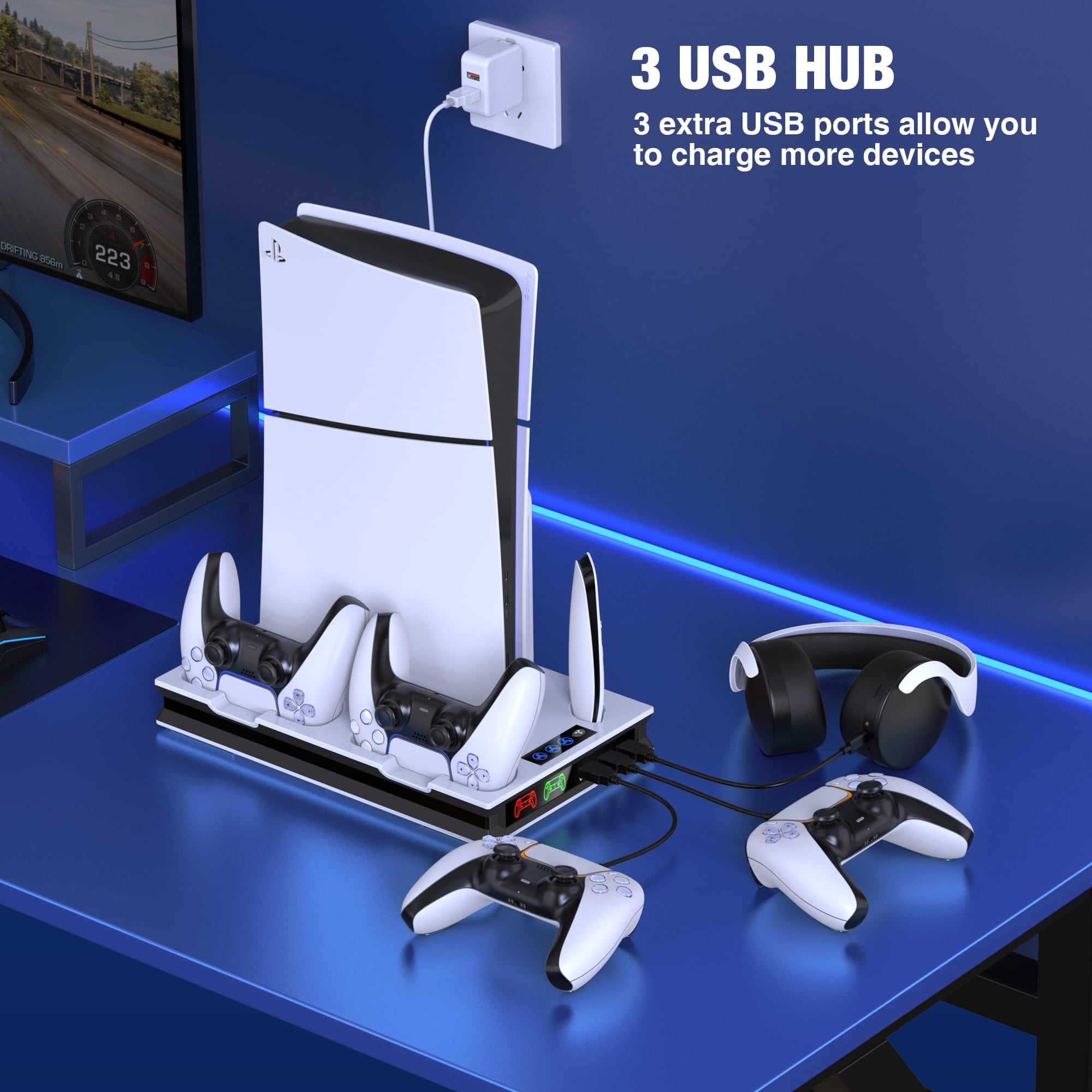 PS5 Slim Stand Cooling Station for Playsation 5 Pro/Slim Console Disc/Digital,PS5 Accessories Cooling Stand with 3-Level Cooling Fan,Dual PS5 Controller Charger,Headset Holder