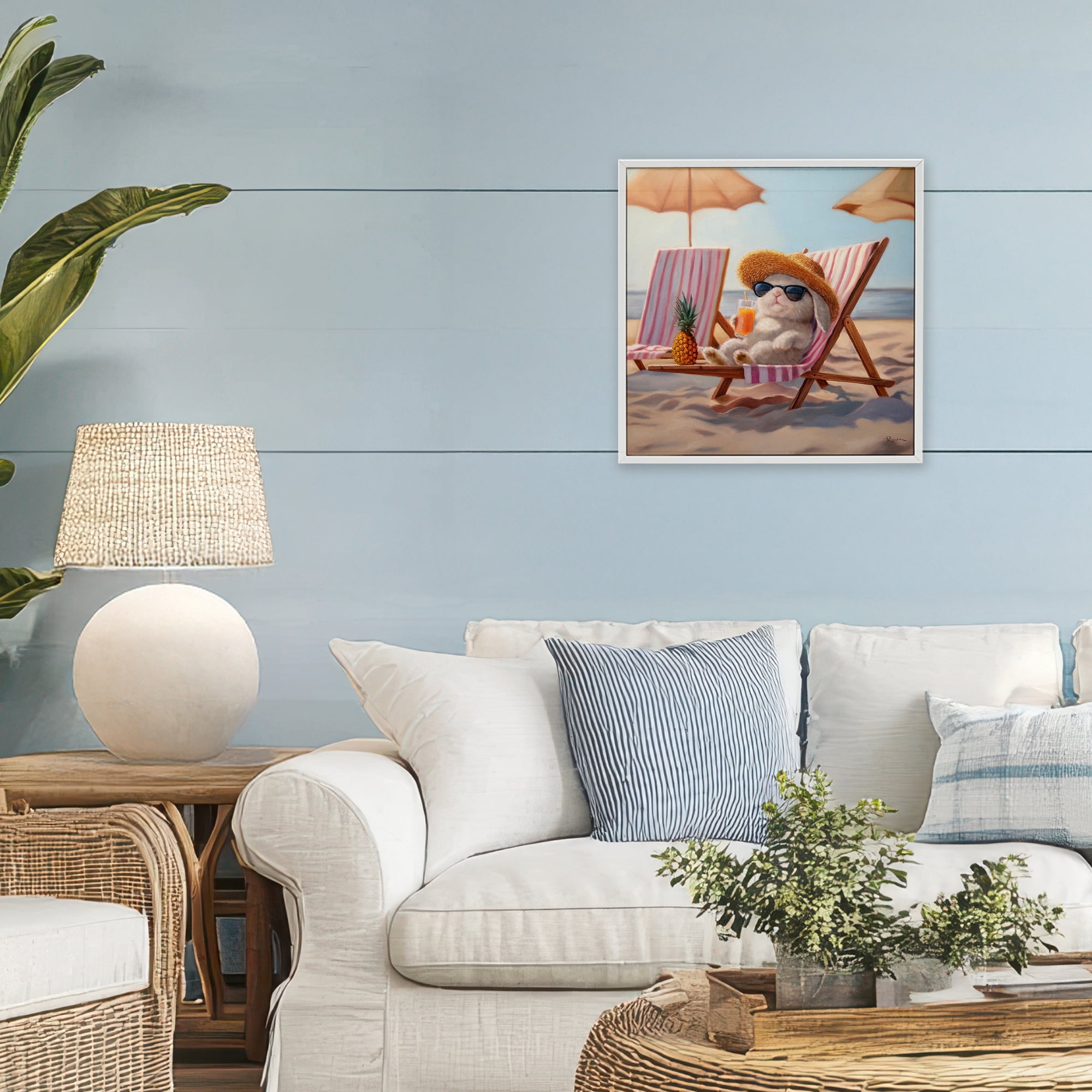 Beach Bun Relaxation White Framed Giclee Art, design by Lucia Heffernan