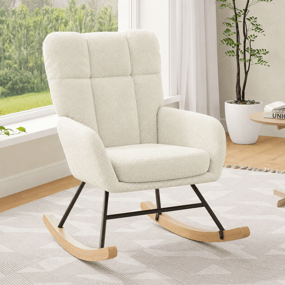 Someet Nursery Rocking Chair Teddy with High Backrest, Upholstered Accent Chair with Padded Seat for Living Rooms, Bedrooms, Beige