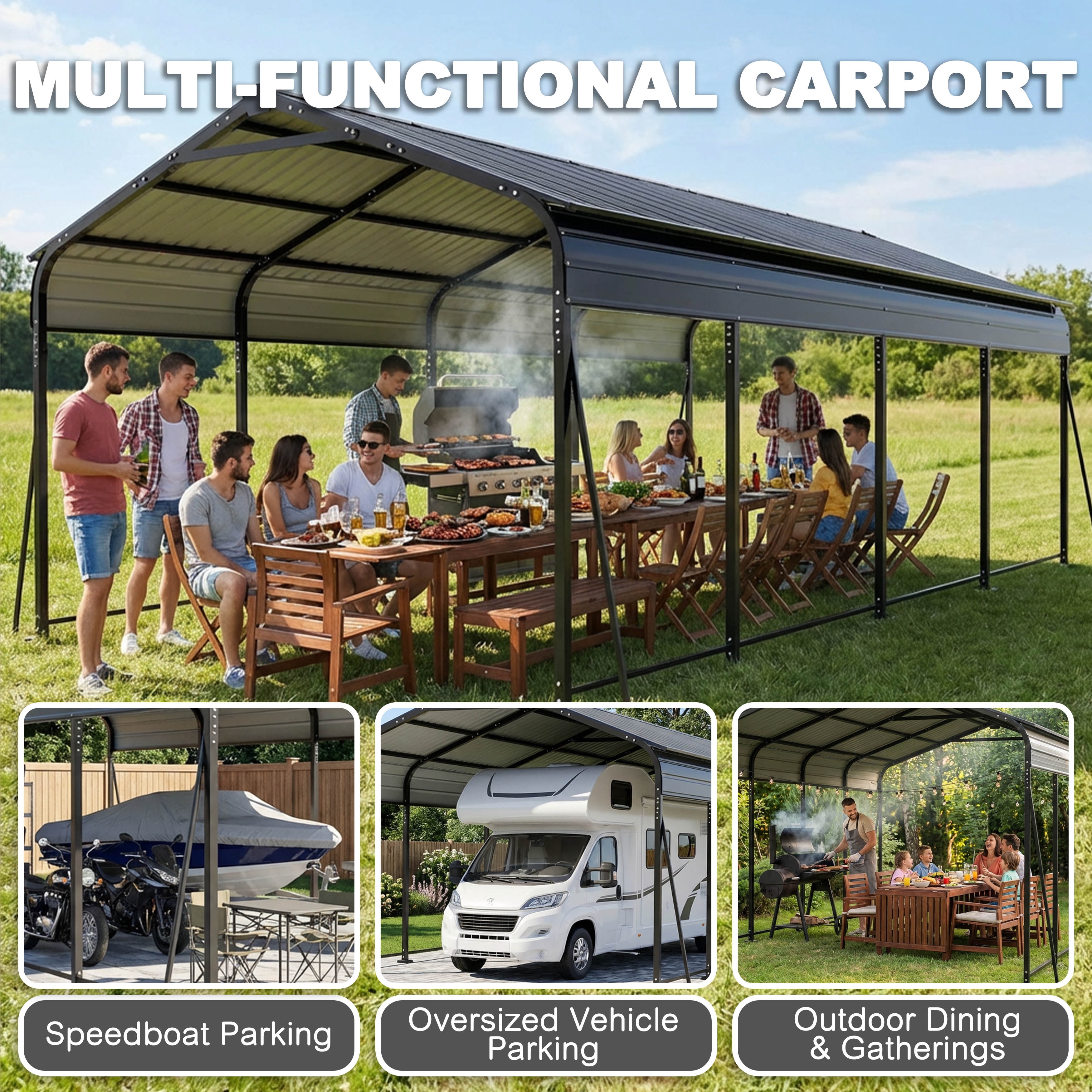 Nuu Garden 20 x 12 FT Steel Carport, Oversized Carport Garage with Enhanced Base, Outdoor All-Weather Car Shelter, Heavy Duty Carports Canopy, Dark Gray and Black