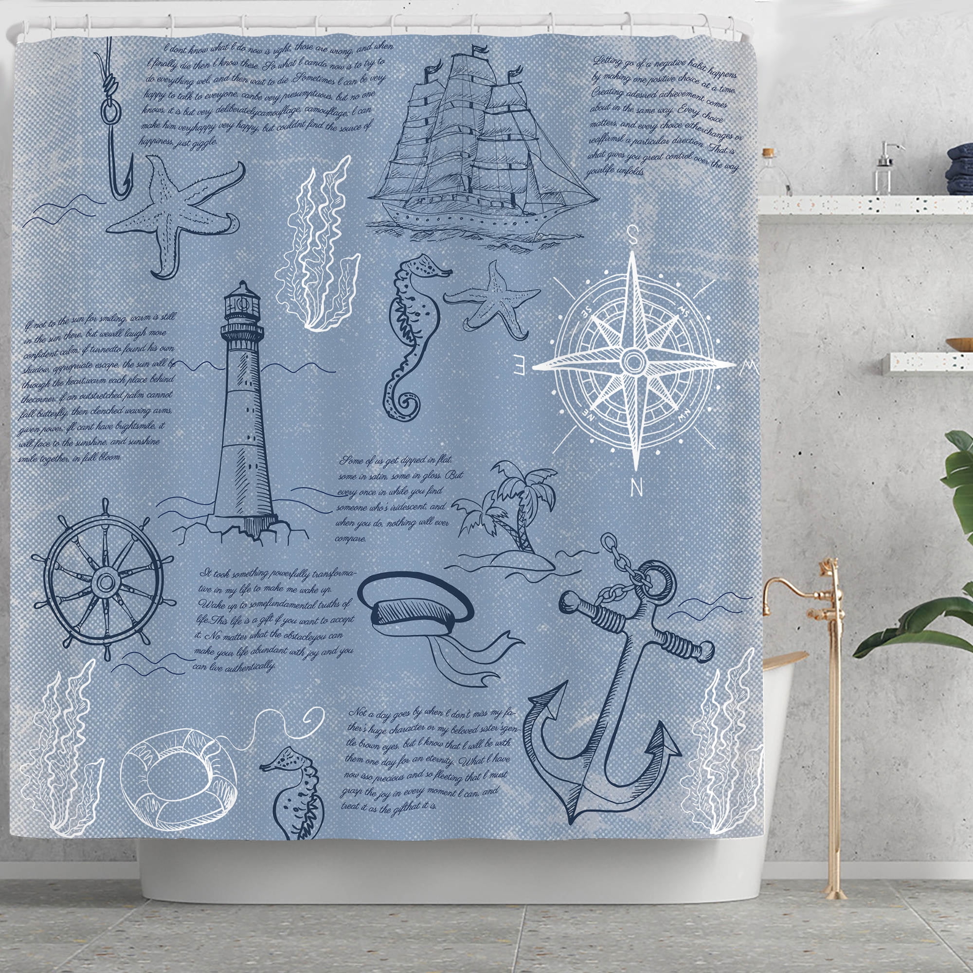 Planially Blue Fabric Shower Curtain and Rug Sets Waterproof 16 Pc Bathroom Set 72" x 72"