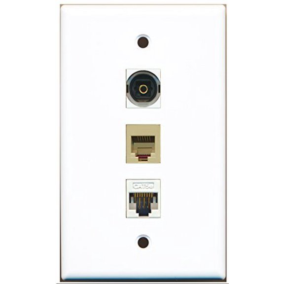 RiteAV - 1 Port Phone RJ11 RJ12 Beige and 1 Port Toslink and 1 Port Cat5e Ethernet White Wall Plate