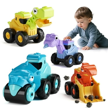 Press and Go Dinosaur & Construction Cars for Toddlers, Pull Back Baby Toy Set for 1-3 Year Old Boys Girls, Educational Gifts for 12-36 Months