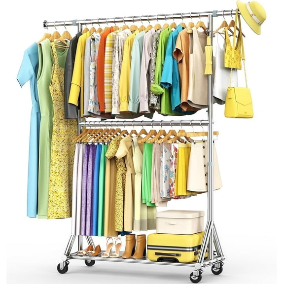 100% Stainless Steel Heavy Duty Clothes Rack Load 860LB, Adjustable Height Double Rods Clothing Racks for Hanging Clothes, Rolling Garment Rack With Sturdy Wheels Shelf, Portable Closet Wardrobe Rack