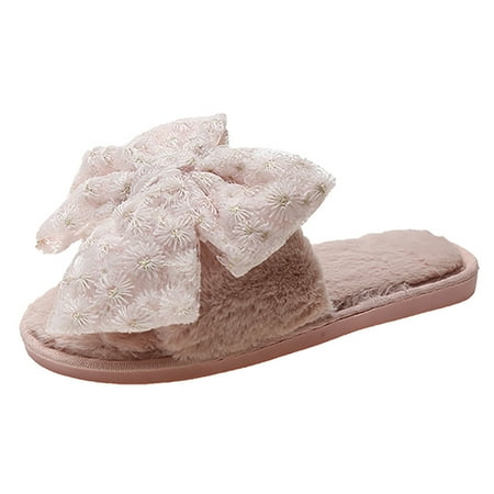 

OJSFQUFP Womens Fuzzy Slippers Women Slip On Short Plush Flat Home Winter Round Toe Keep Warm Bowknot Flower Slippers Shoes Mom Slippers Pink 39