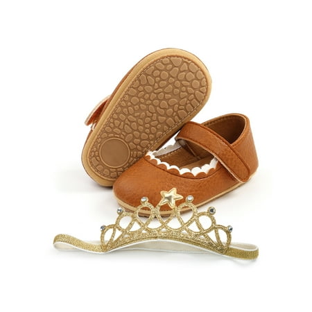 

Ymiytan Baby Girls Mary Jane Bowknot Flats First Walkers Crib Shoes Party Lightweight Fashion Comfort Princess Dress Shoe Brown with Headband 6C