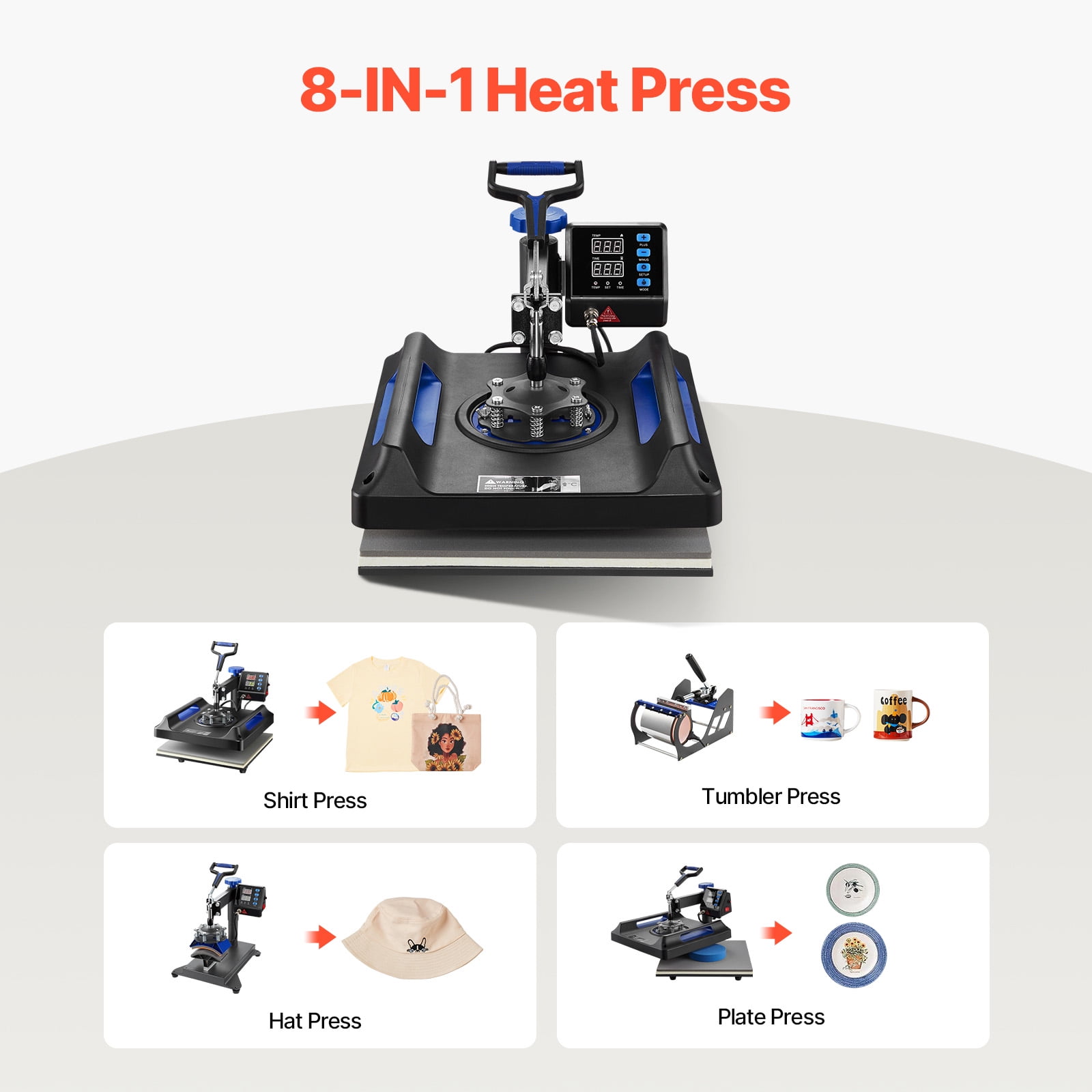 KFFKFF 8-in-1 Heat Press Machine, 15x15 Inch Swing-Away Design, Digital Control for T-Shirt, Hat, Mug, Plate Sublimation Printing, Multifunctional Transfer Machine, Blue