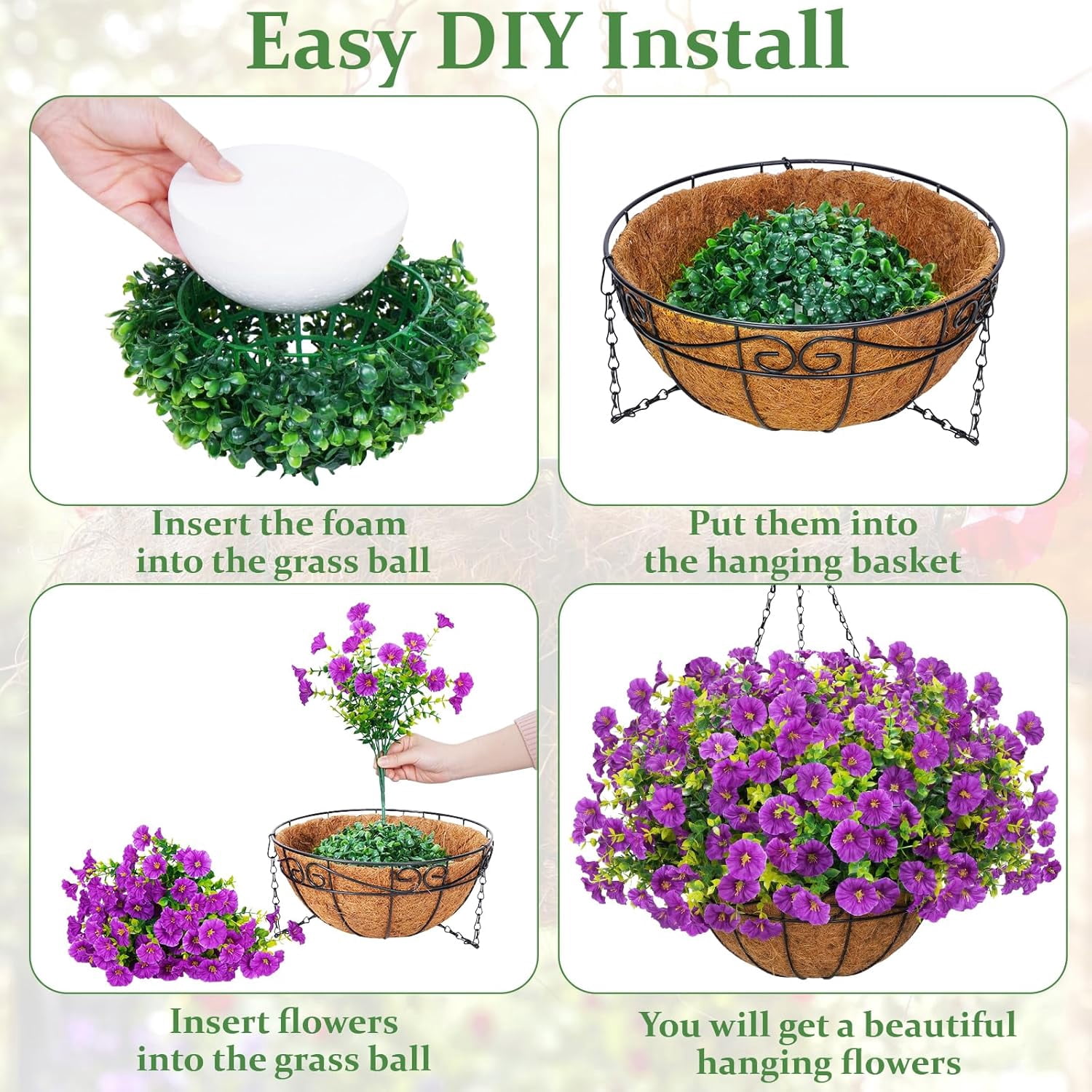 Lyacmy Purple Artificial Hanging Flowers in Basket for Indoor Outdoor, 10Pcs Fake Boxwood Petunias with Eucalyptus Leaves with 20Inch Coconut Lining Chain Flowerpot