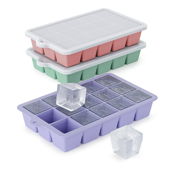 Plateau à Glaçons en Silicone, Lot de 3 - Plateau à Glaçons à Démoulage Facile avec Couvercle, Plateaux à Glaçons Sans BPA pour Congélateur, Moule à Glaçons pour Cocktail, Whisky (Violet+rose+menthe)