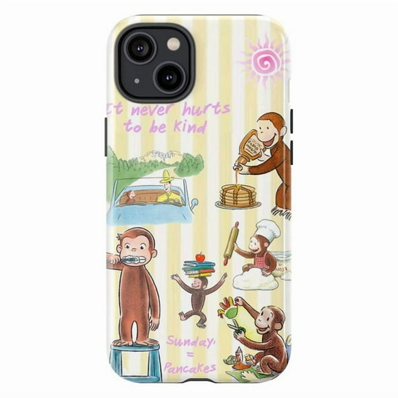 Wholesome Curious Monkey Phone Case, “It Never Hurts to Be Kind” Sunday Pancakes Quote Cute Aesthetic Cover for iPhone 16 15 14 13 12 11 Pro Max Plus Mini