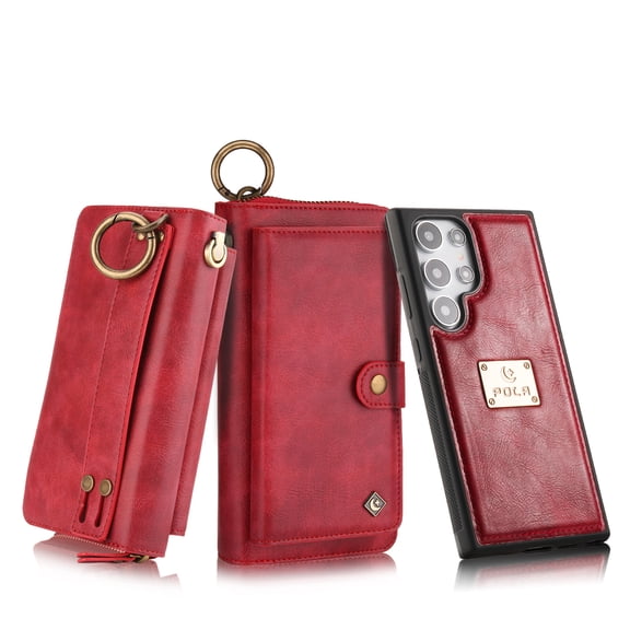 Dteck for Samsung Galaxy S26 Ultra Case Wallet with Card Holder, Detachable Phone Cover PU Leather Zipper Handbag Purse with Wrist Strap/Metal Buckle,Red