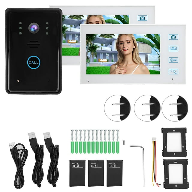 Sistema de videoportero inalámbrico con timbre con 2 monitores, pantalla TFT de 7 pulgadas, visión nocturna por infrarrojos y diseño resistente al agua