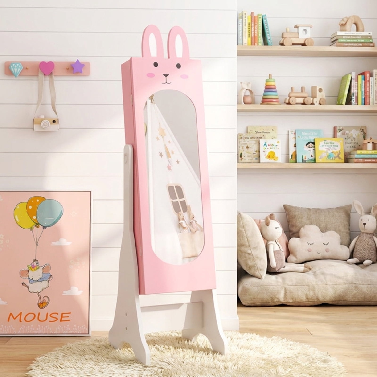 Furnibear Kids Room Furniture Set with Princess Vanity Table and Chair and Jewelry Armoire Mirror for Girls Bedroom, Pink