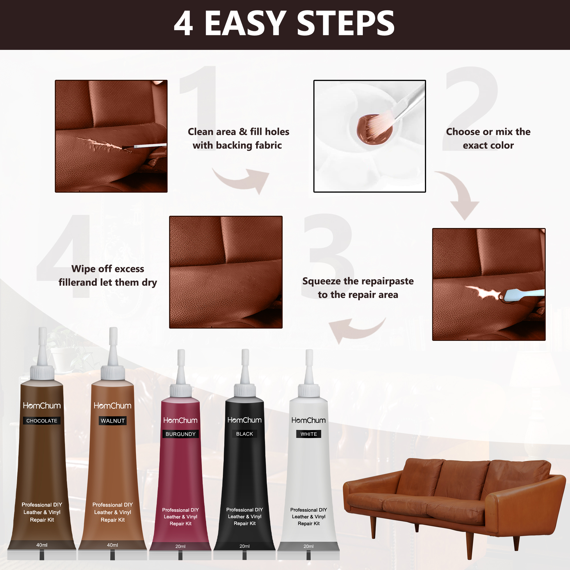 HomChum Black Leather Repair Kit for Couches, Brown Vinyl PU Leather Repair  Paint Gel with Leather Repair Filler Cream and Mink Oil for Restore Sofa