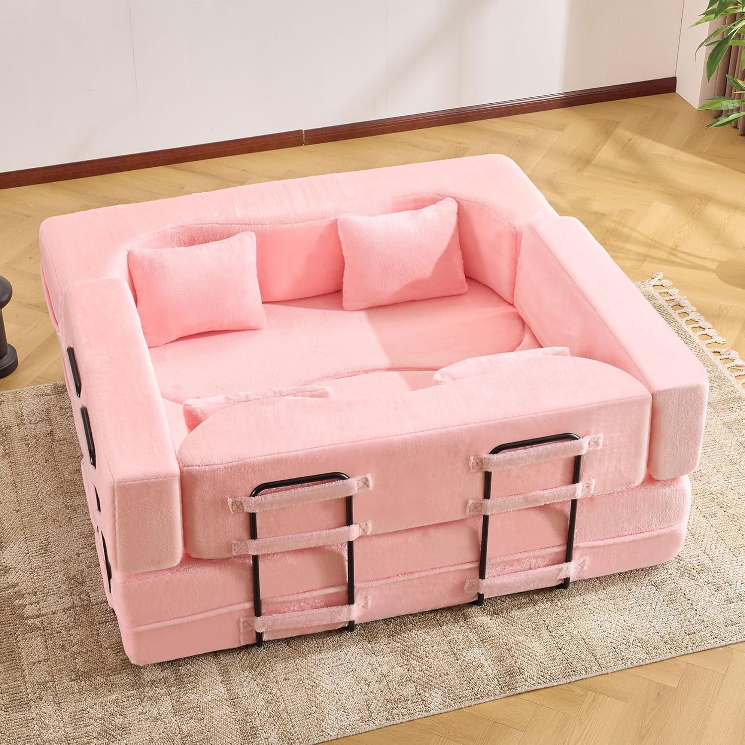LUCKHAO Modern Foam Teddy Fabric Convertible and Oversized Sleeper Sofa Bed Loveseat, Pink