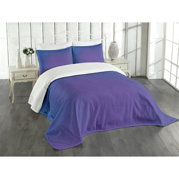 Ambesonne Purple Quilted Bedspread Set 3 Pcs, Ombre Vivid Backdrop, Queen Size, Dark Blue and Purple