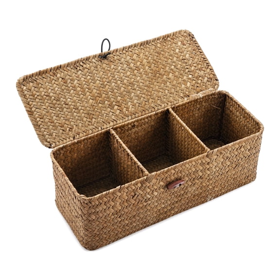 Storage Basket with Lid, Toilet Tank Basket Holder, Handwoven Wicker Basket, Home Organizer Bin for Shelves Bathroom Closets Kitchen, Coffee