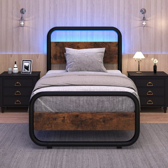 4 EVER WINNER Twin Size Bed LED Bed Frame, Metal Bed Frame Twin Size, Metal Platform Bed Frame with LED Headboard, No Box Spring Needed, Brown