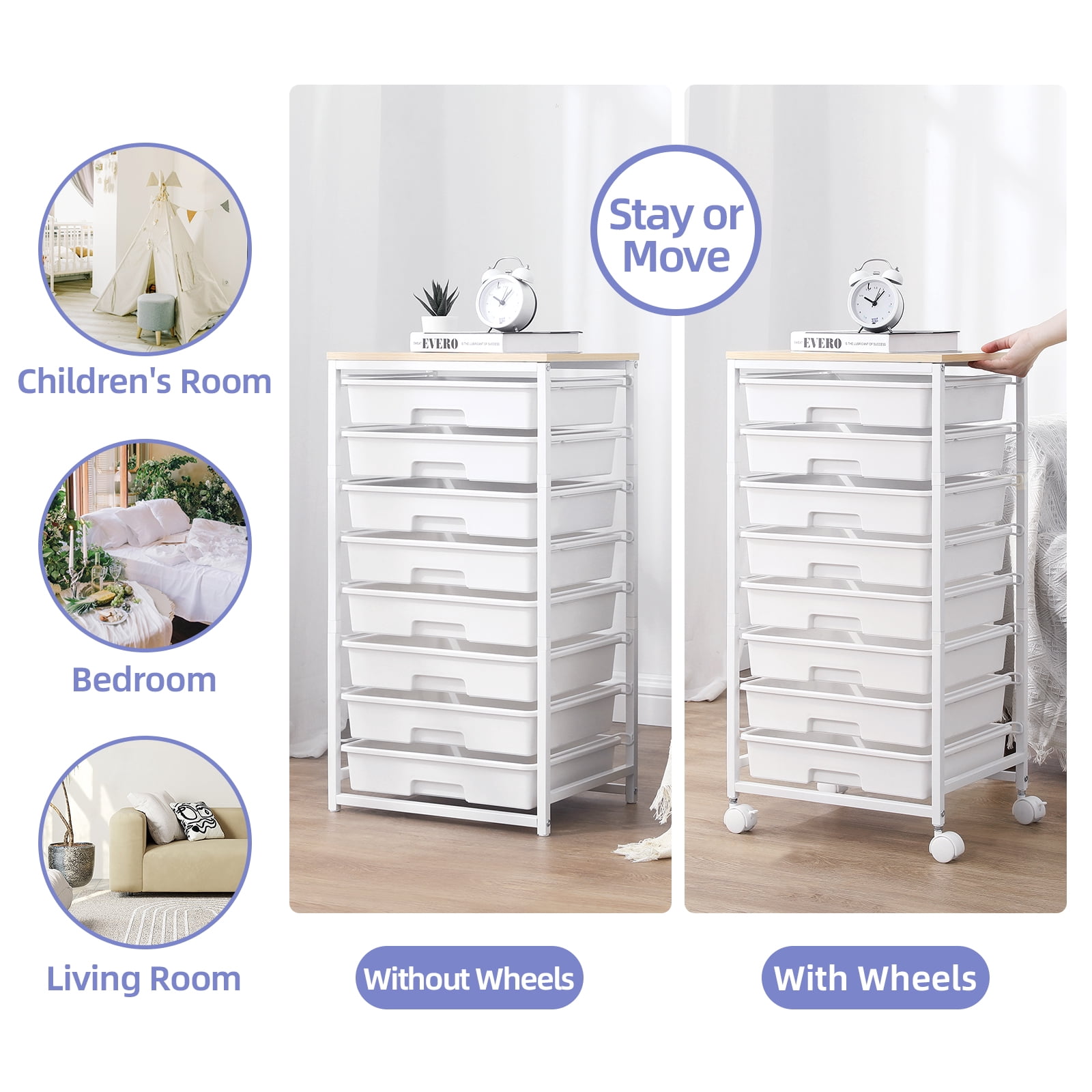 KK KINGRACK Storage Rolling Drawer Cart, Drawer Organizer with 8 Drawers and Wooden Tabletop, Metal & Plastic, White