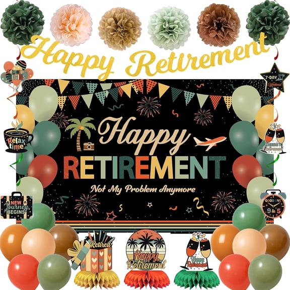 Retirement Decorations for Men Women, Colorful Vintage Retirement Party Set with Backdrop Banner Honeycomb Centerpieces Hanging Swirls, Office Retired Farewell Décor