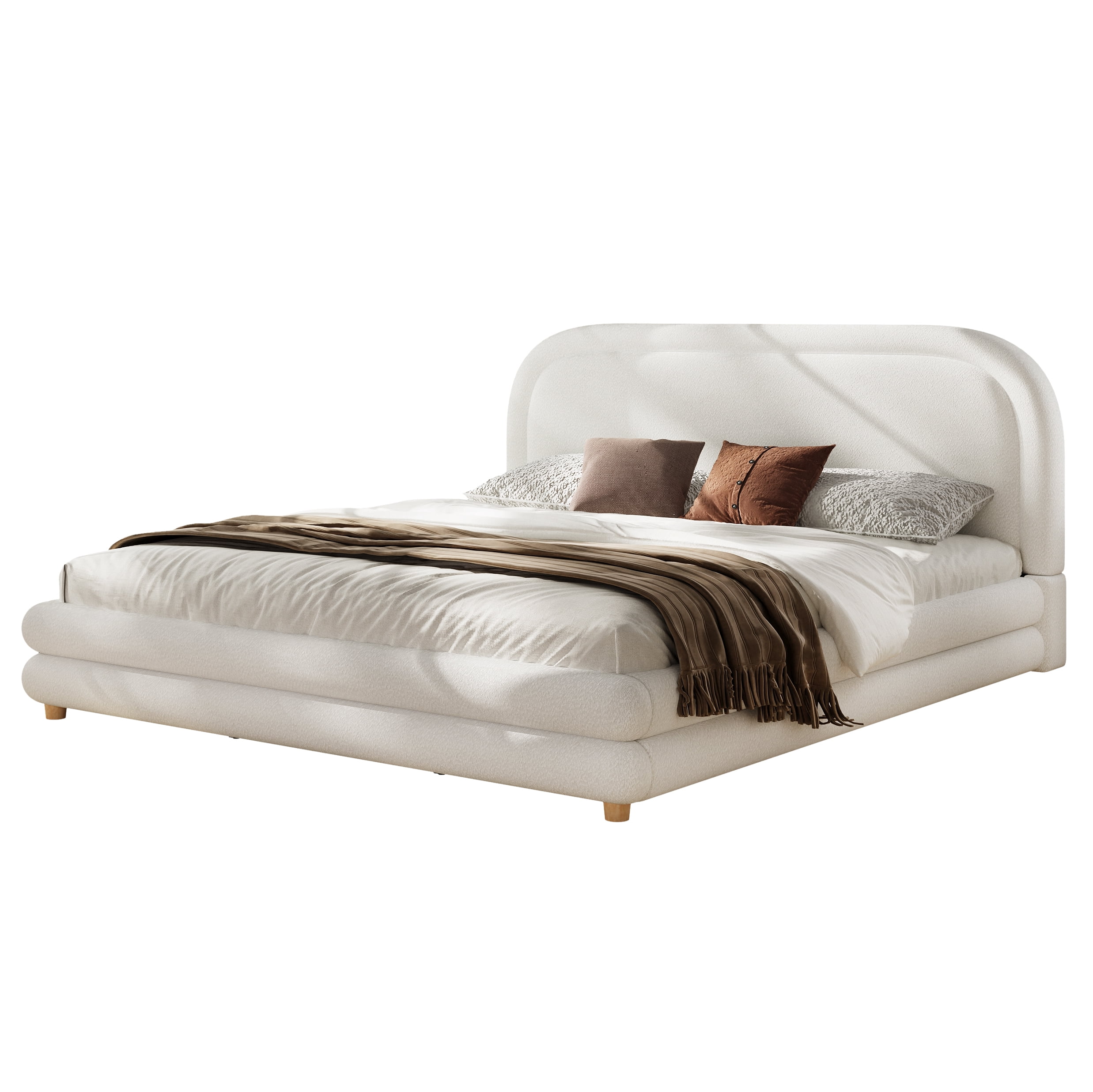 King Size Bed Frame with Boucle Upholstered Thick Curved Headboard & Solid Wood Legs, Platform Bed for Bedroom, White
