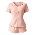 thumbnail image 7 of Naotn 2 Piece Sets for Women Summer Matching Short Set, Casual Lapel Short Sleeve Ribbed Bow Front Shirt Ruffle Shorts, 7 of 7