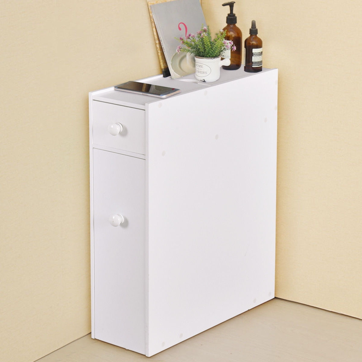 Costway Narrow Wood Floor Bathroom Storage Cabinet Holder Organizer Costway Narrow Wood Floor Bathroom Storage Cabinet Holder Organizer Bath Toilet Com