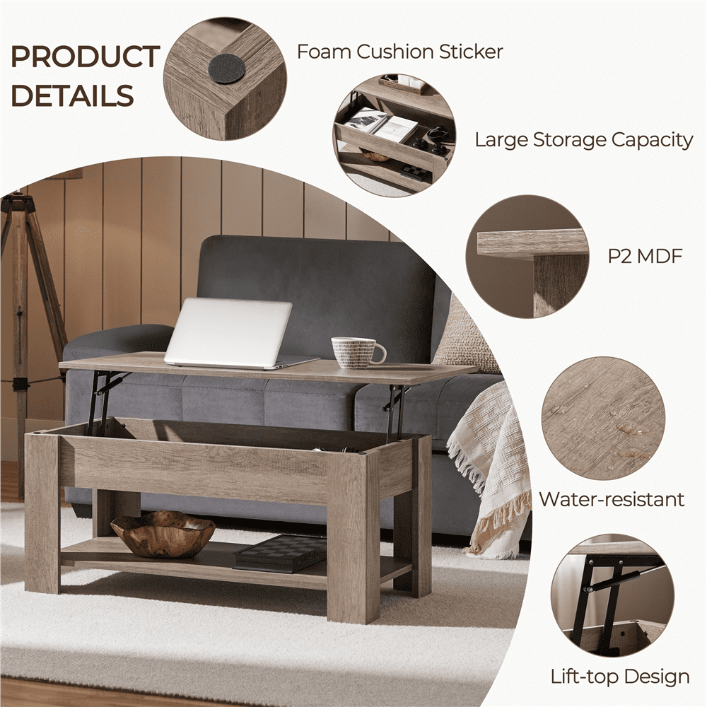 Yaheetech 39in Lift Top Coffee Table with Hidden Compartment and Open Shelf, Gray