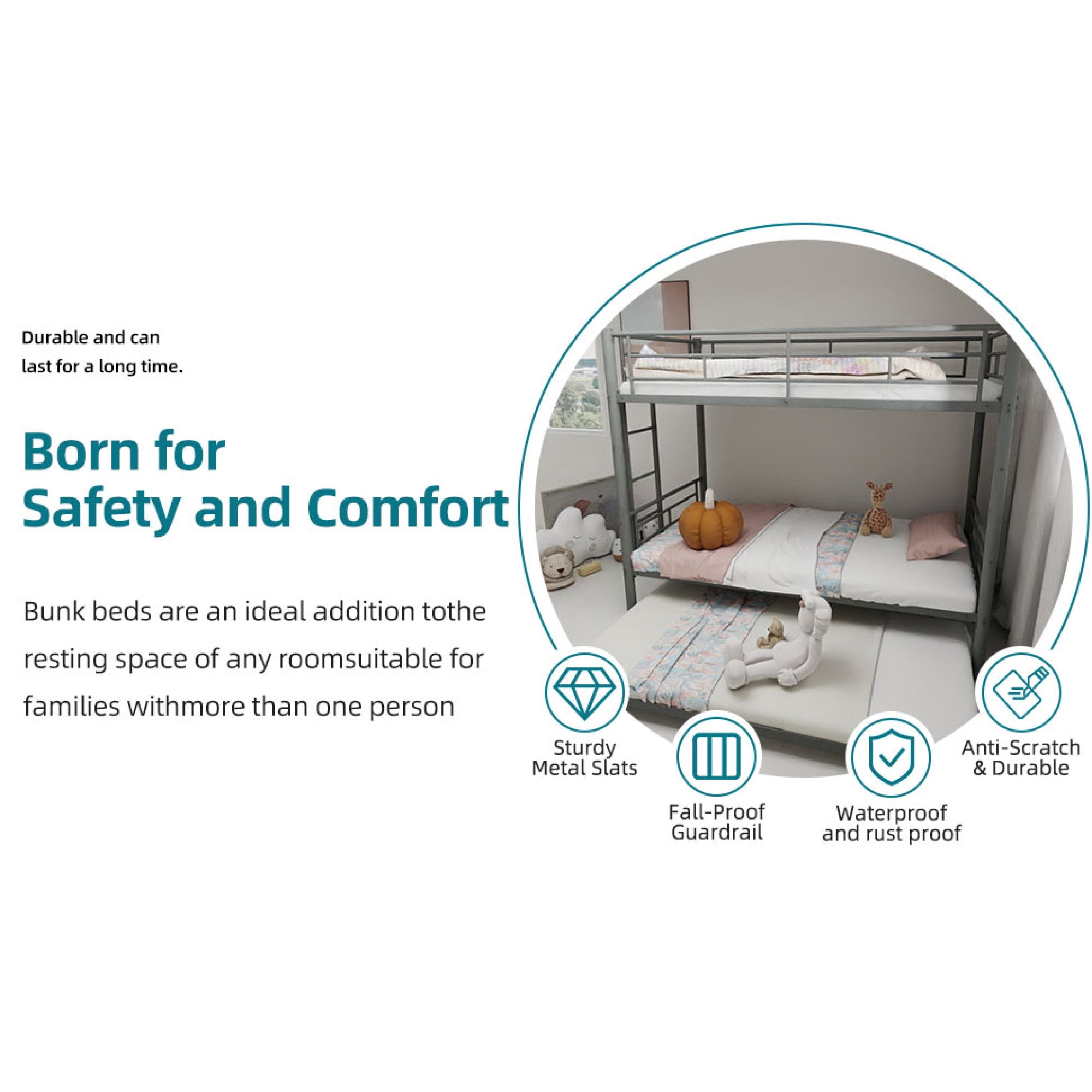 Twin over Twin Bunk Bed with Trundle,Heavy Duty Metal Bed Frame with Sturdy Guardrail for Kids/Adults,Noise Reduced,Silver
