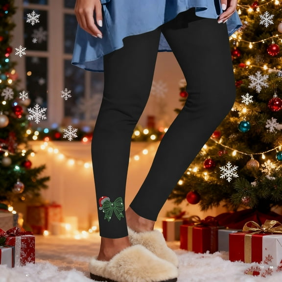 Qulqfy Womens Compression Leggings Winter Christmas Black Leggings High Waisted Pull On Rhinestone Pants for Women