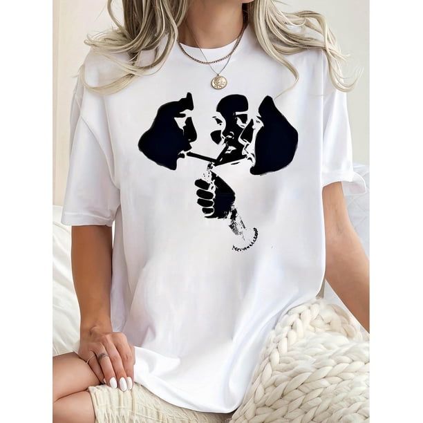 Camiseta estampada elegante para mujer - Cuello redondo informal, manga corta, algodón elástico, lavable a máquina - Perfecta para verano y ropa informal, top deportivo de ocio