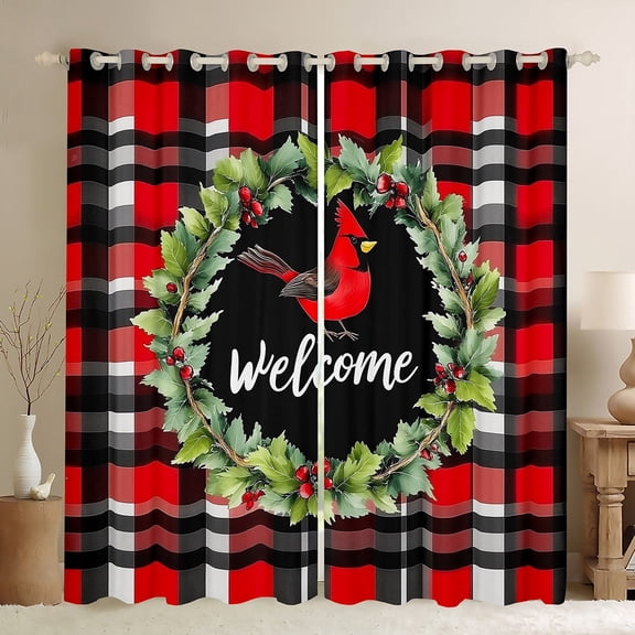 jejeloiu Merry Christmas Black Out Curtains,Cardinal Bird Curtains Pack of 2 (42x63 Each),Ren Geometric Plaid Bedroom Curtains,Luxury Bedroom Decor