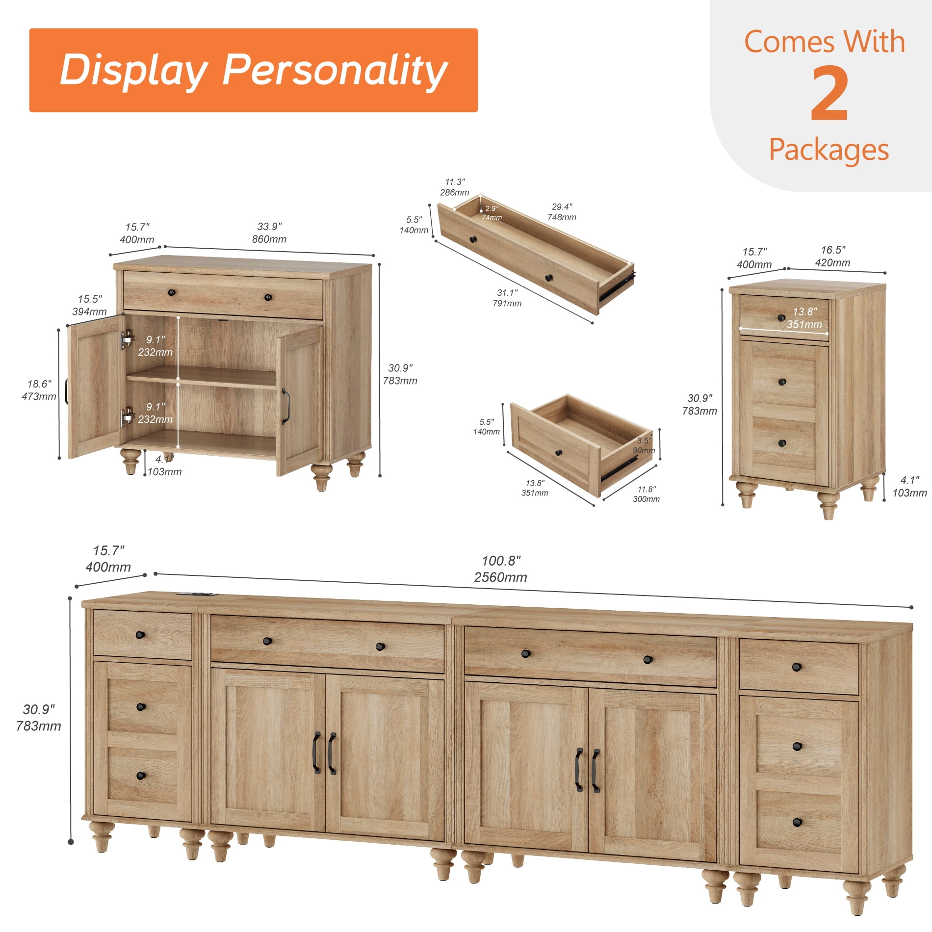 WAMPAT TV Stand for 100 Inch TV, 4-in-1 TV Console Table for 75/80/85/90 Inch TV, Farmhouse Entertainment Center with Charging Station, Kitchen Sideboard Buffet Cabinet for Dining Room, Oak