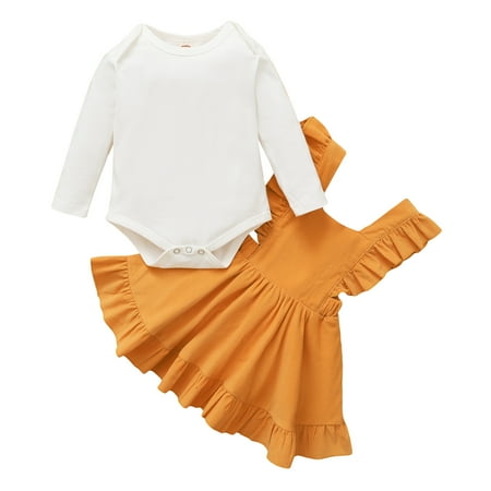 

KIMI BEAR Romper Outfits For Newborn Baby Girls 0 Months Girls Fall Winter Clothes Casual Long Sleeve Jumpsuit Suspender Dress 2PCs Set 0-3 Months Yellow